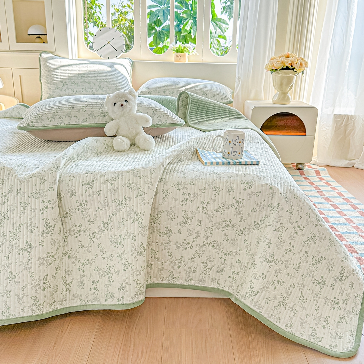 91家纺网 家纺一手货源 找家纺 橘夏家纺 2025新款A全棉B宝宝绒版双面多功能夹棉加厚床盖炕盖三件套学生婴儿床垫盖毯褥子四季通用（含买家秀） 春风里绿