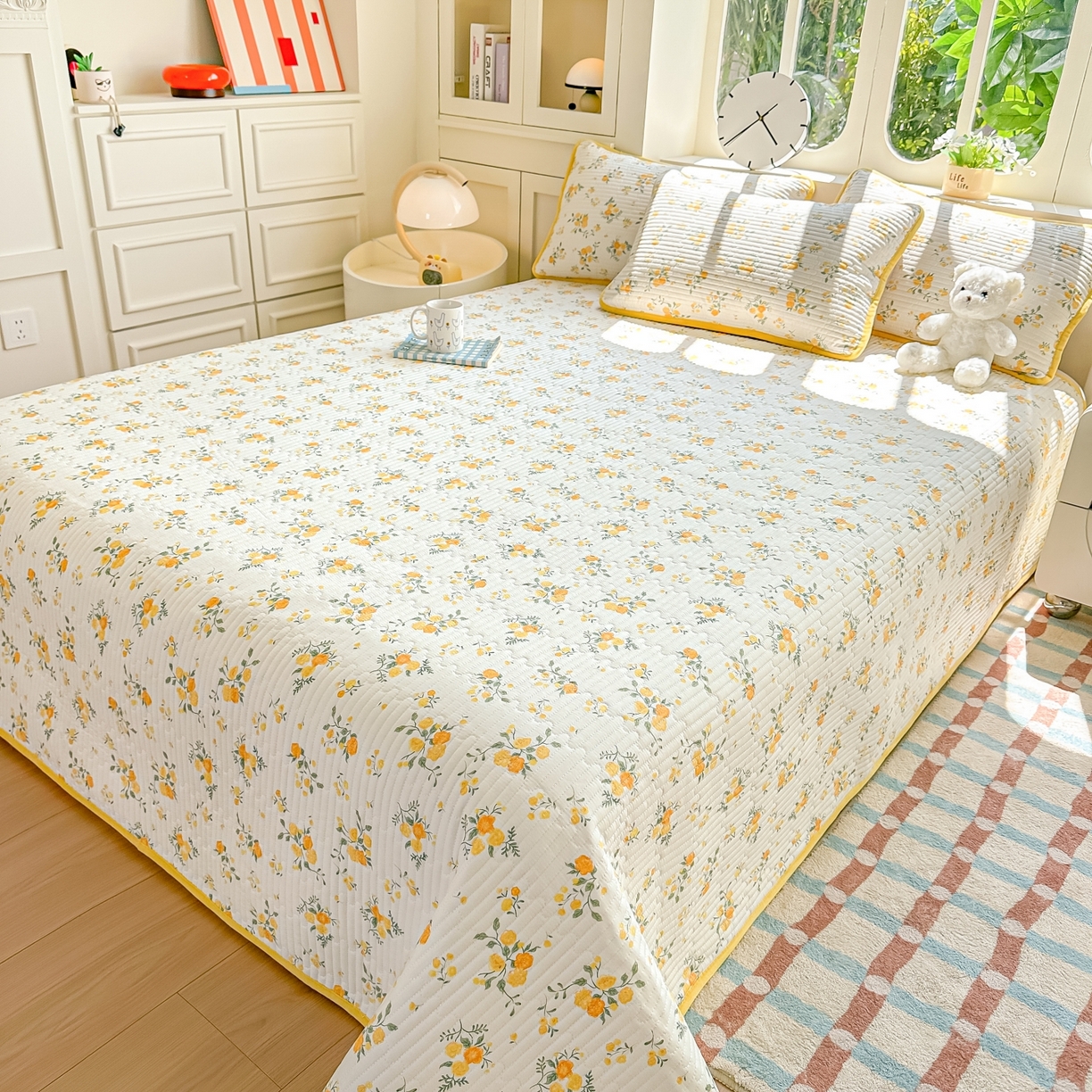 91家纺网 家纺一手货源 找家纺 橘夏家纺 2025新款A全棉B宝宝绒版双面多功能夹棉加厚床盖炕盖三件套学生婴儿床垫盖毯褥子四季通用（含买家秀） 冬日暖阳