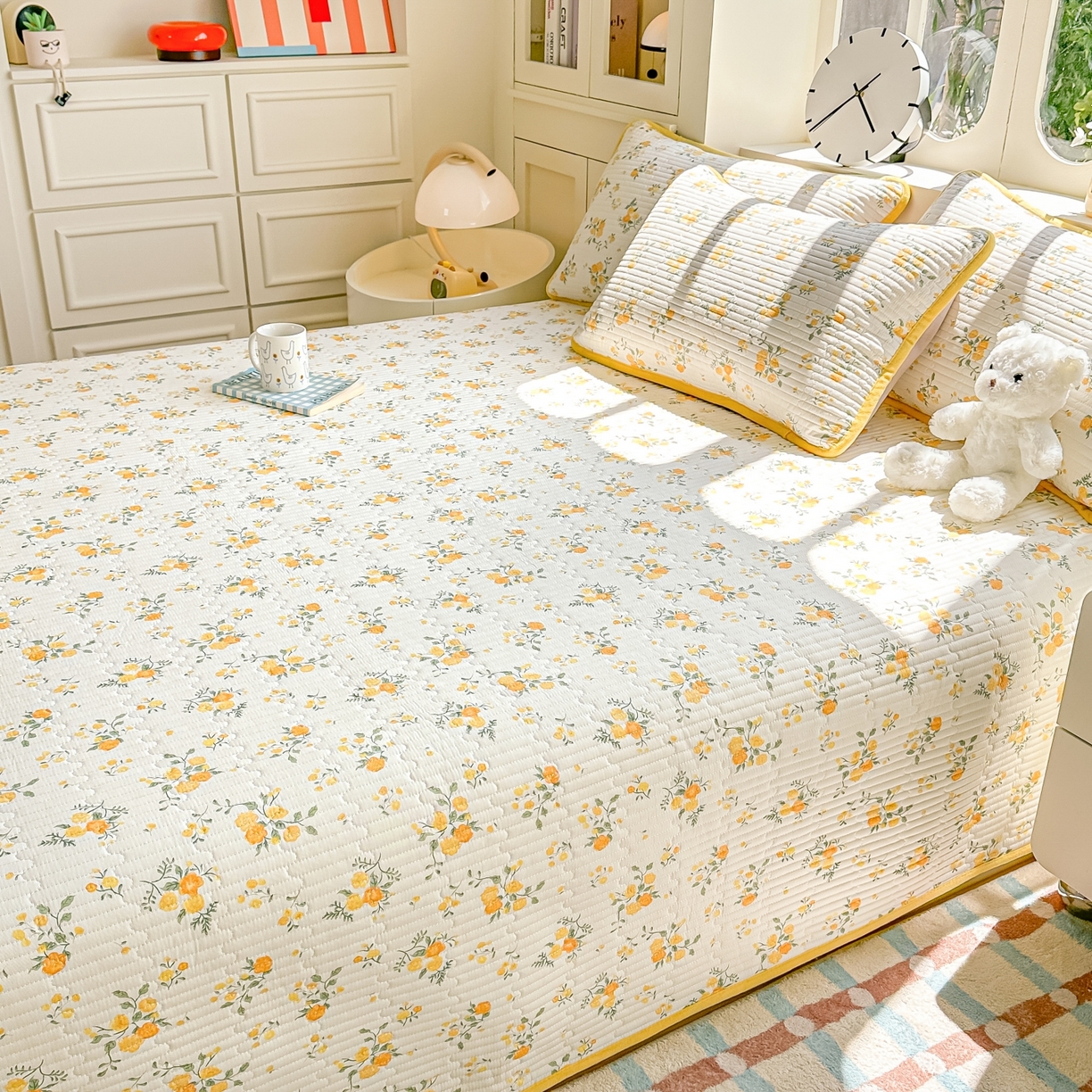 91家纺网 家纺一手货源 找家纺 橘夏家纺 2025新款A全棉B宝宝绒版双面多功能夹棉加厚床盖炕盖三件套学生婴儿床垫盖毯褥子四季通用（含买家秀） 冬日暖阳