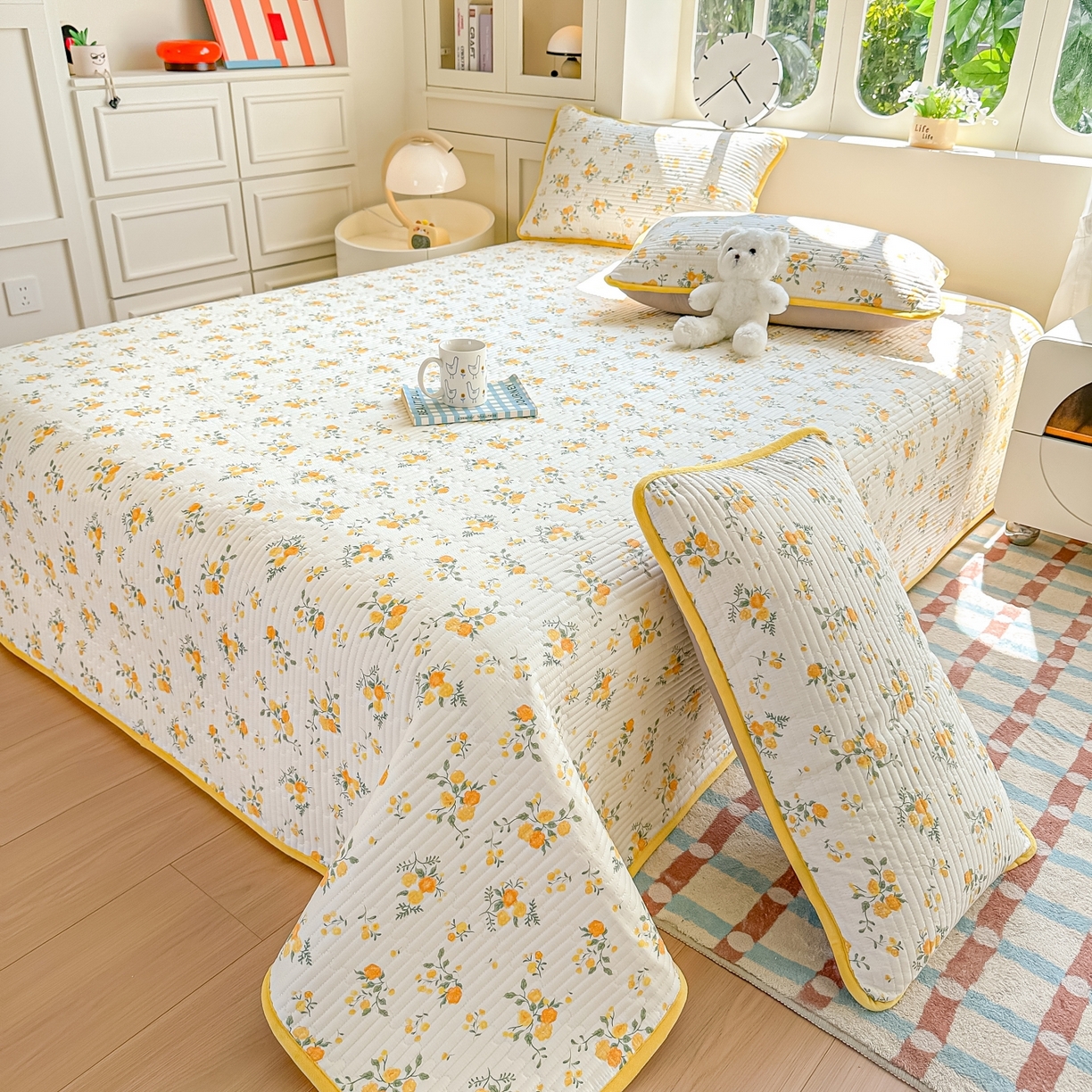 91家纺网 家纺一手货源 找家纺 橘夏家纺 2025新款A全棉B宝宝绒版双面多功能夹棉加厚床盖炕盖三件套学生婴儿床垫盖毯褥子四季通用（含买家秀） 冬日暖阳