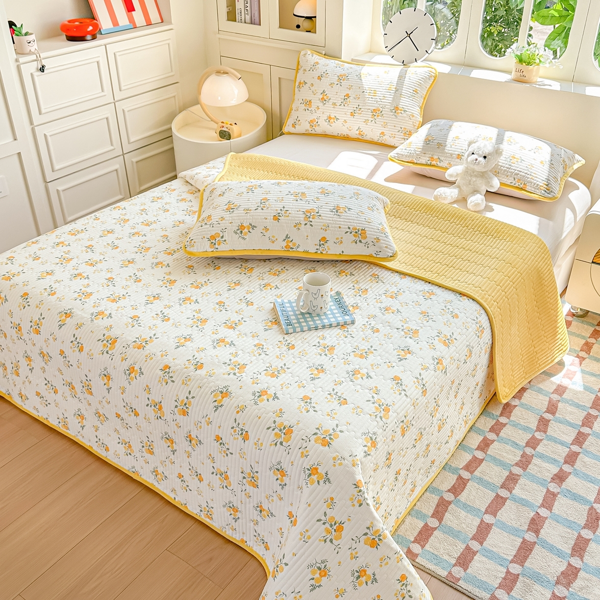 91家纺网 家纺一手货源 找家纺 橘夏家纺 2025新款A全棉B宝宝绒版双面多功能夹棉加厚床盖炕盖三件套学生婴儿床垫盖毯褥子四季通用（含买家秀） 冬日暖阳