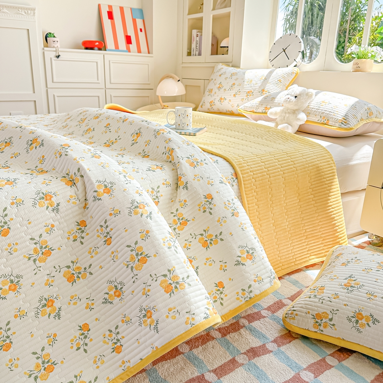 91家纺网 家纺一手货源 找家纺 橘夏家纺 2025新款A全棉B宝宝绒版双面多功能夹棉加厚床盖炕盖三件套学生婴儿床垫盖毯褥子四季通用（含买家秀） 冬日暖阳