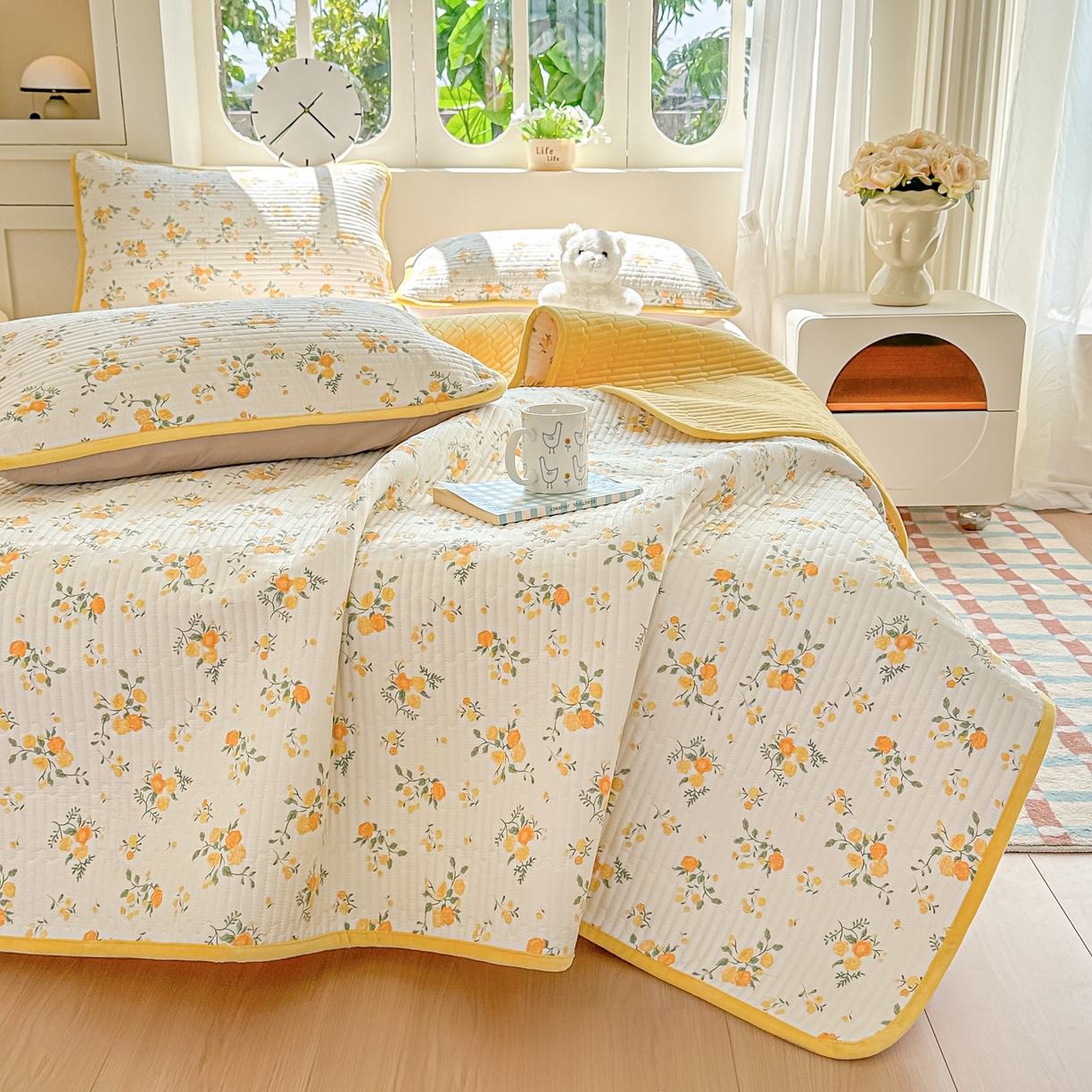 91家纺网 家纺一手货源 找家纺 橘夏家纺 2025新款A全棉B宝宝绒版双面多功能夹棉加厚床盖炕盖三件套学生婴儿床垫盖毯褥子四季通用（含买家秀） 冬日暖阳