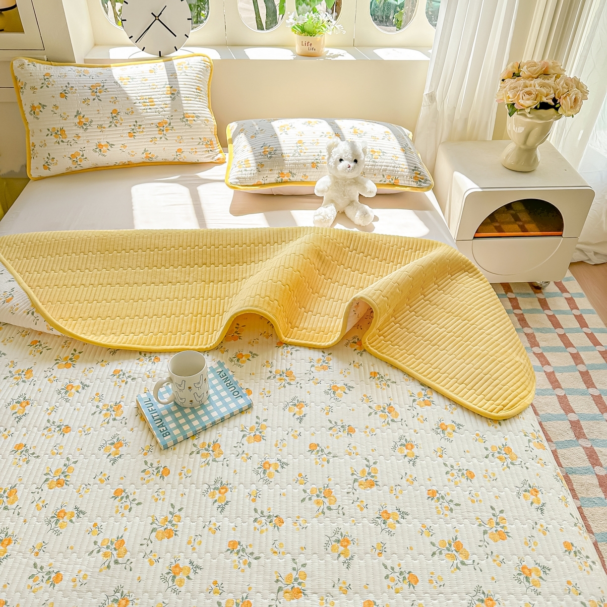 91家纺网 家纺一手货源 找家纺 橘夏家纺 2025新款A全棉B宝宝绒版双面多功能夹棉加厚床盖炕盖三件套学生婴儿床垫盖毯褥子四季通用（含买家秀） 冬日暖阳