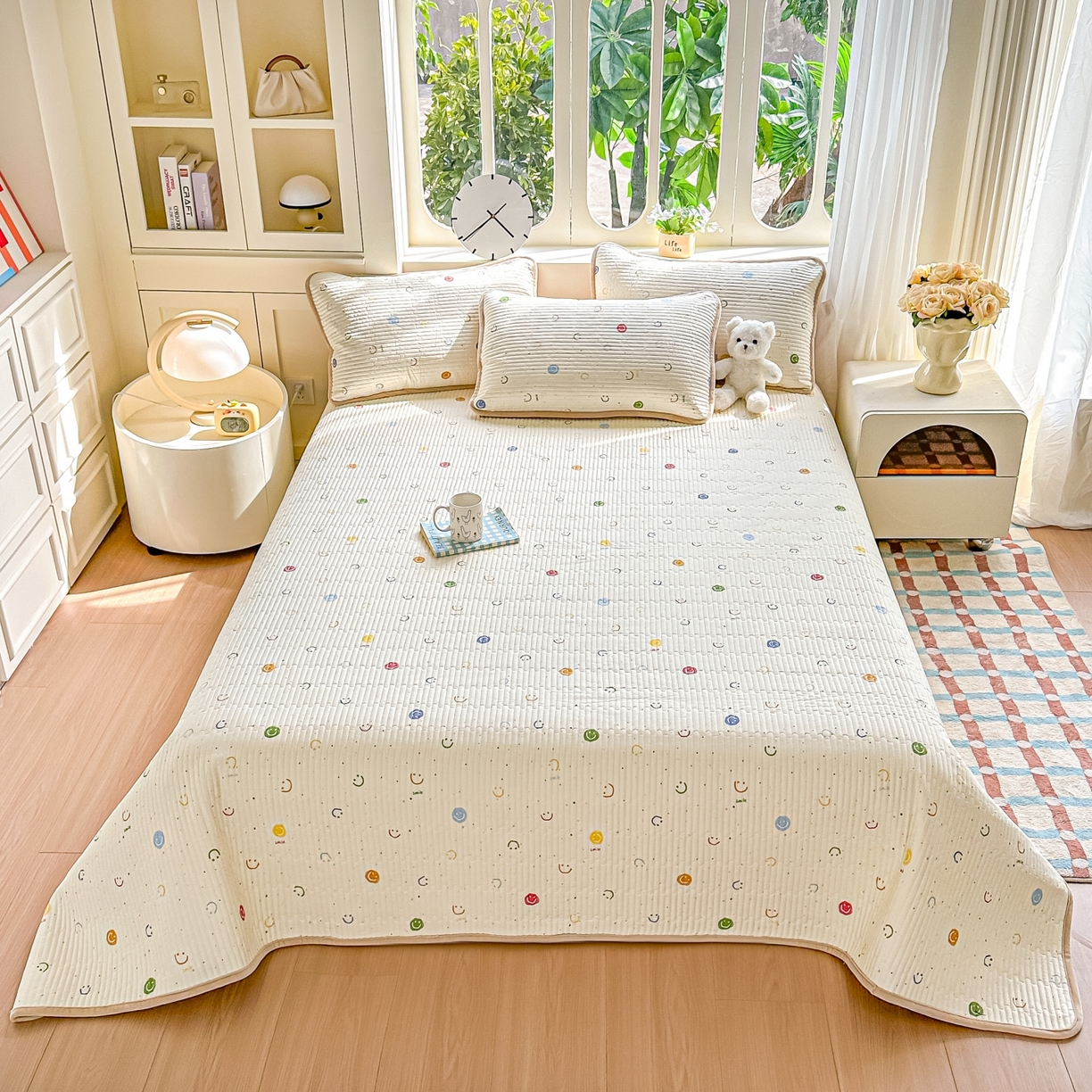 91家纺网 家纺一手货源 找家纺 橘夏家纺 2025新款A全棉B宝宝绒版双面多功能夹棉加厚床盖炕盖三件套学生婴儿床垫盖毯褥子四季通用（含买家秀） 多彩笑脸