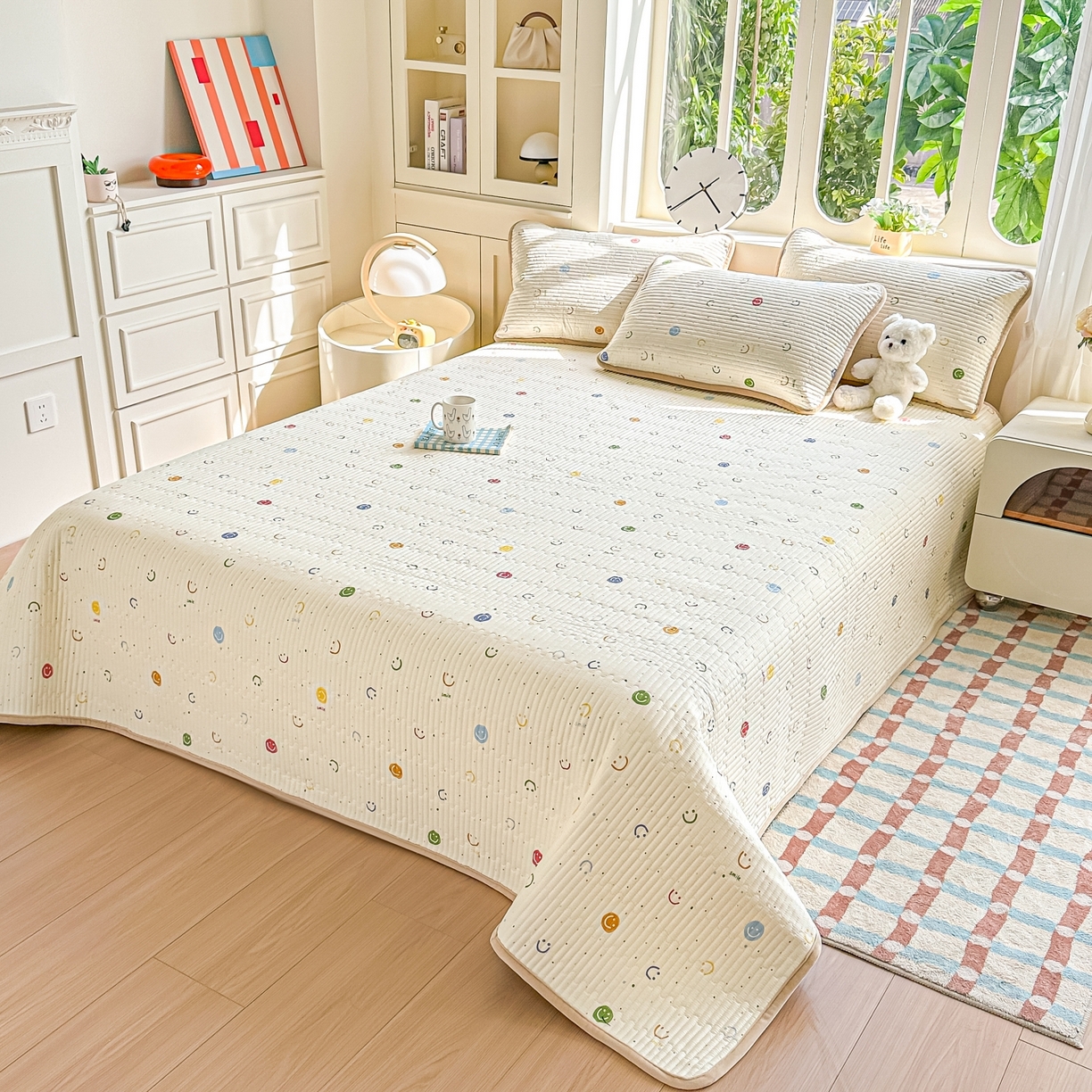 91家纺网 家纺一手货源 找家纺 橘夏家纺 2025新款A全棉B宝宝绒版双面多功能夹棉加厚床盖炕盖三件套学生婴儿床垫盖毯褥子四季通用（含买家秀） 多彩笑脸