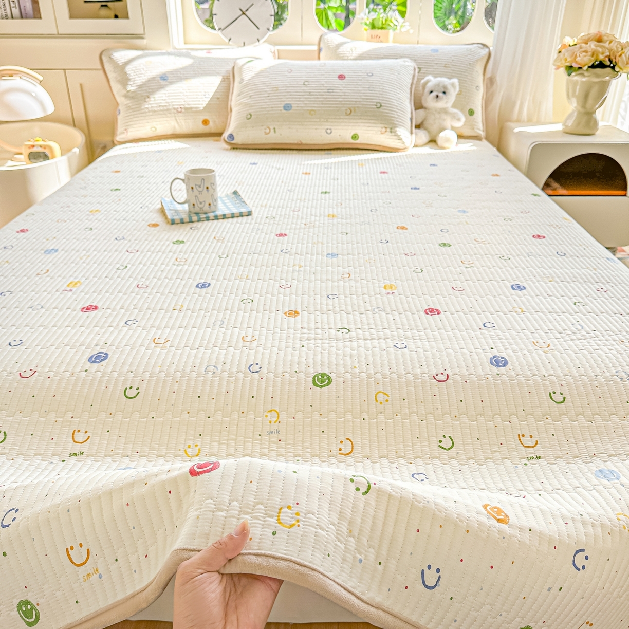 91家纺网 家纺一手货源 找家纺 橘夏家纺 2025新款A全棉B宝宝绒版双面多功能夹棉加厚床盖炕盖三件套学生婴儿床垫盖毯褥子四季通用（含买家秀） 多彩笑脸