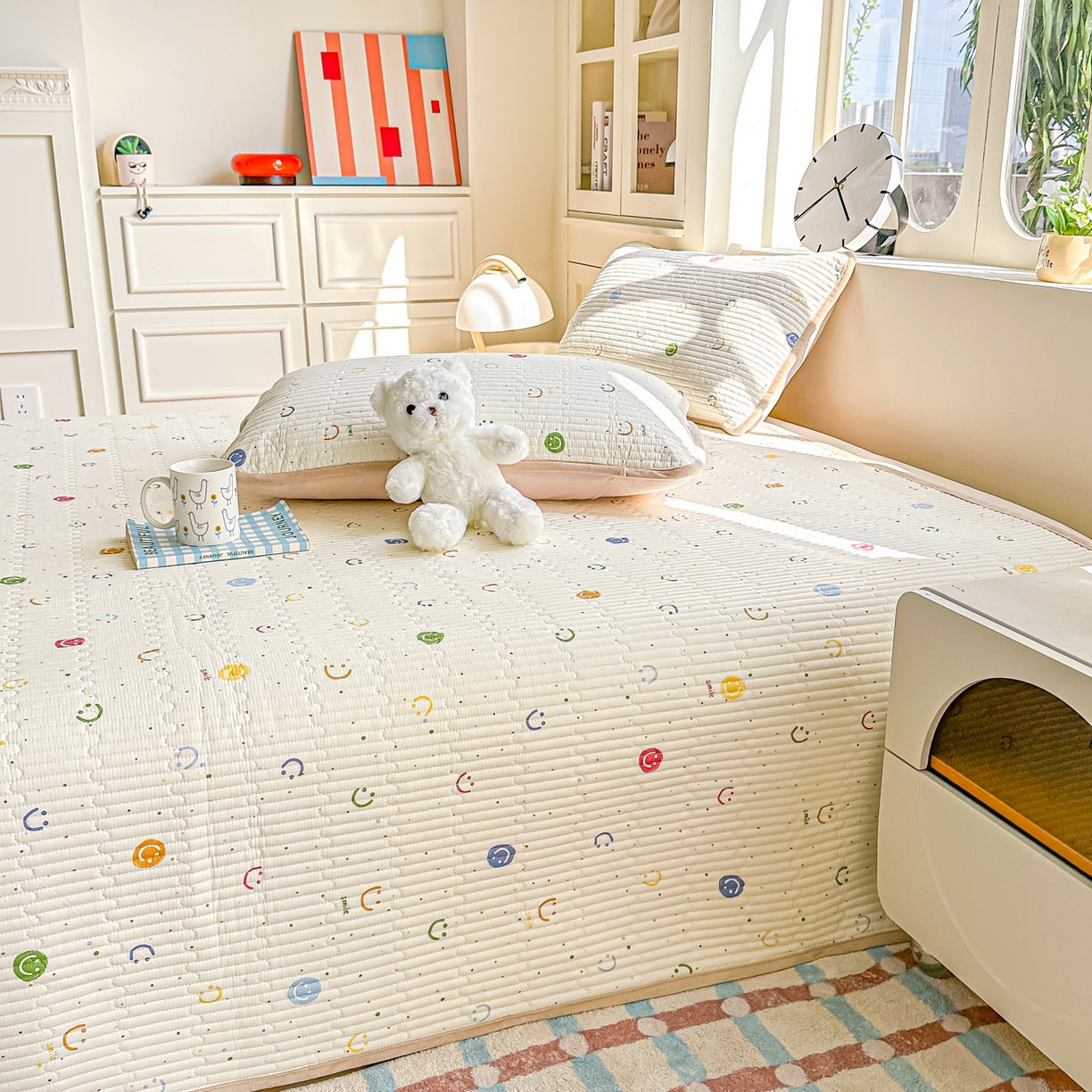 91家纺网 家纺一手货源 找家纺 橘夏家纺 2025新款A全棉B宝宝绒版双面多功能夹棉加厚床盖炕盖三件套学生婴儿床垫盖毯褥子四季通用（含买家秀） 多彩笑脸