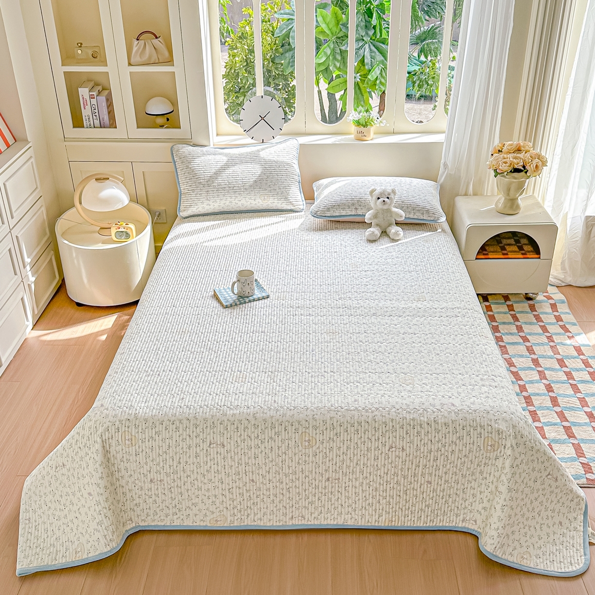 91家纺网 家纺一手货源 找家纺 橘夏家纺 2025新款A全棉B宝宝绒版双面多功能夹棉加厚床盖炕盖三件套学生婴儿床垫盖毯褥子四季通用（含买家秀） 蓝心兔