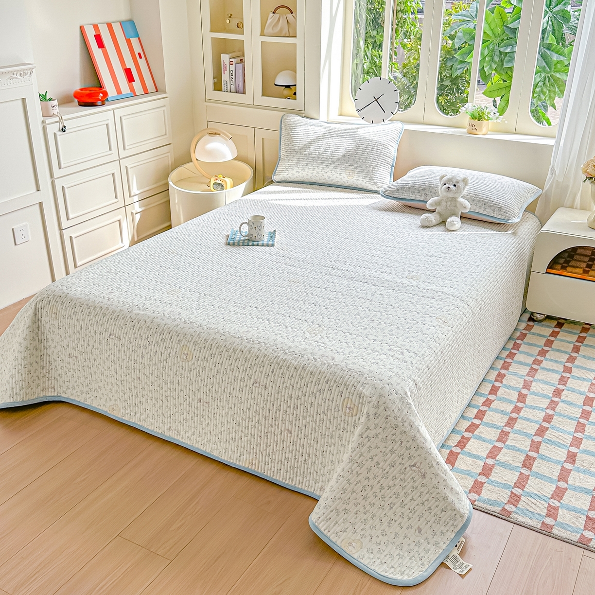 91家纺网 家纺一手货源 找家纺 橘夏家纺 2025新款A全棉B宝宝绒版双面多功能夹棉加厚床盖炕盖三件套学生婴儿床垫盖毯褥子四季通用（含买家秀） 蓝心兔