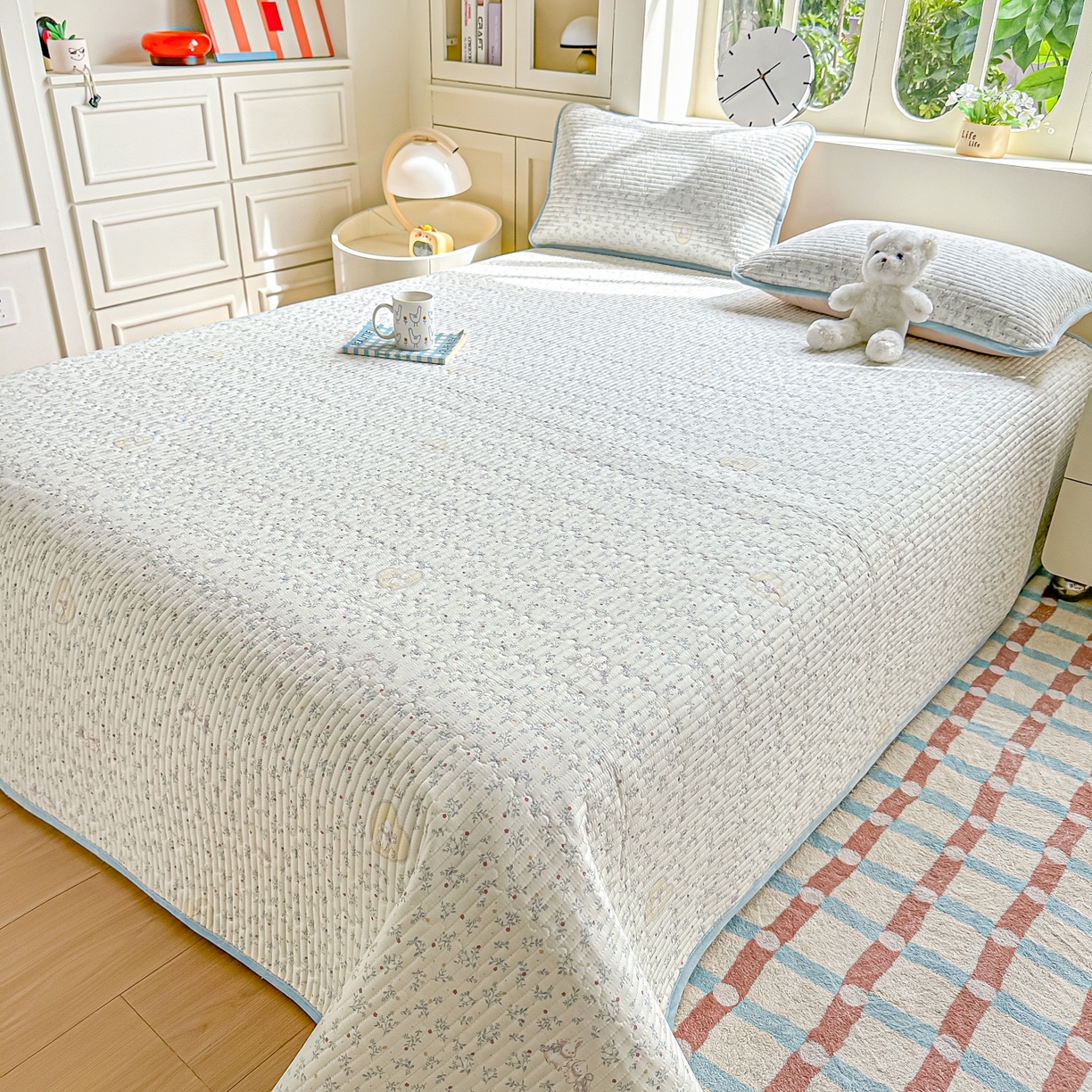 91家纺网 家纺一手货源 找家纺 橘夏家纺 2025新款A全棉B宝宝绒版双面多功能夹棉加厚床盖炕盖三件套学生婴儿床垫盖毯褥子四季通用（含买家秀） 蓝心兔