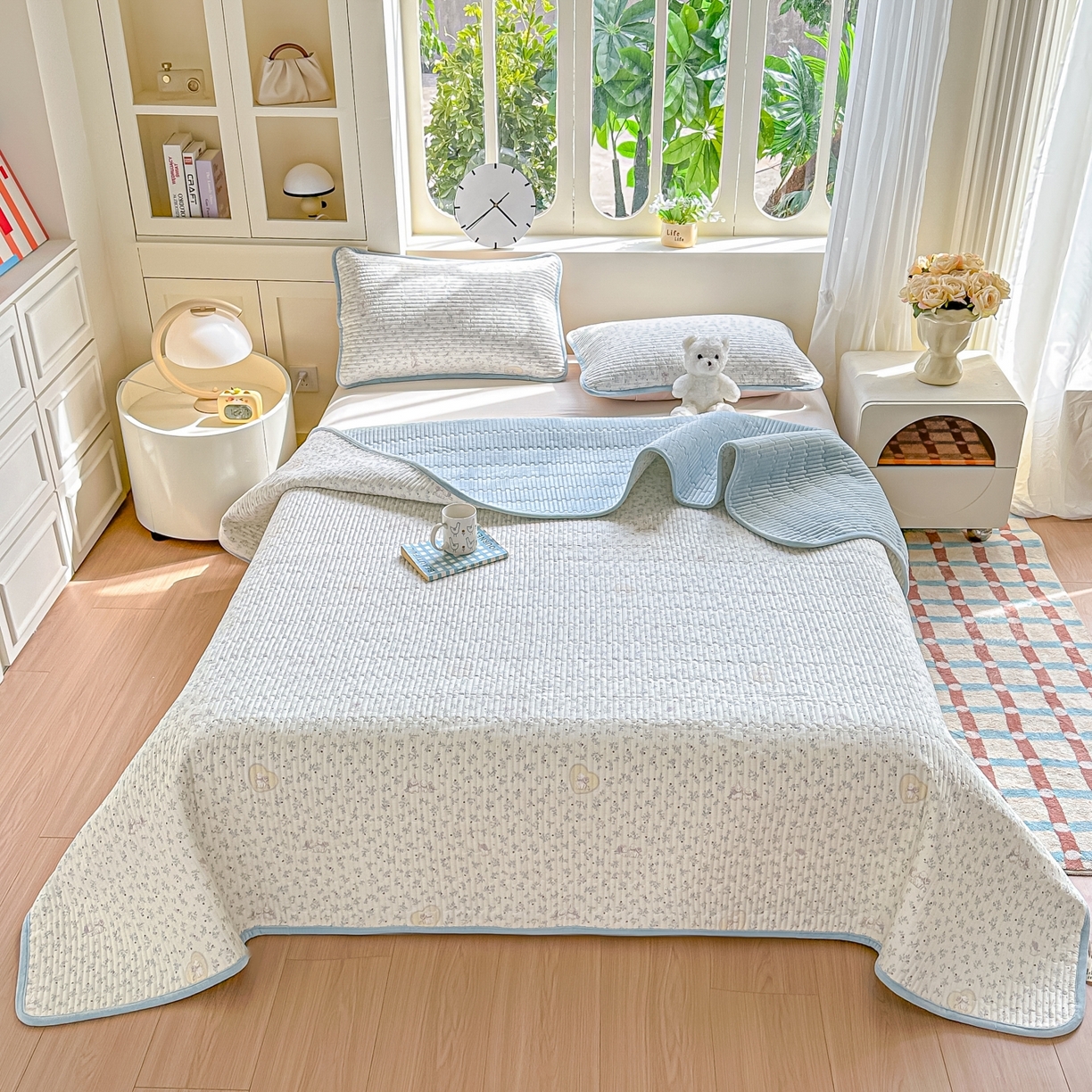 91家纺网 家纺一手货源 找家纺 橘夏家纺 2025新款A全棉B宝宝绒版双面多功能夹棉加厚床盖炕盖三件套学生婴儿床垫盖毯褥子四季通用（含买家秀） 蓝心兔