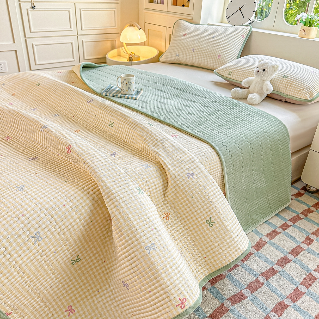 橘夏家纺 2025新款A全棉B宝宝绒版双面多功能夹棉加厚床盖炕盖三件套学生婴儿床垫盖毯褥子四季通用（含买家秀） 恋格黄