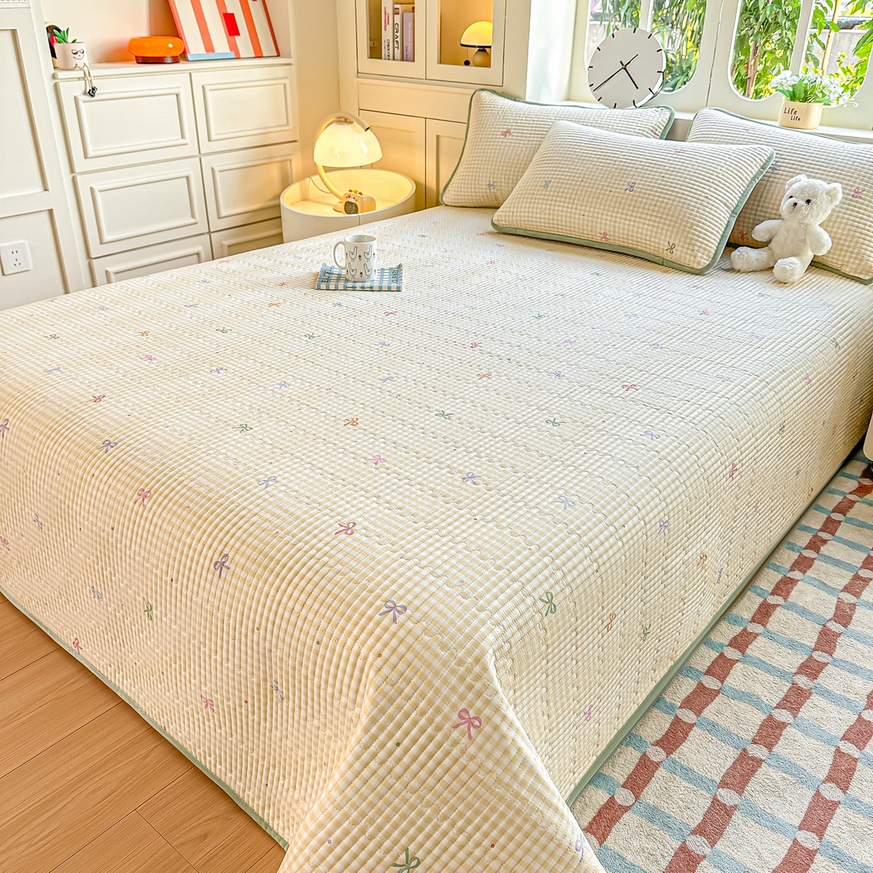 91家纺网 家纺一手货源 找家纺 橘夏家纺 2025新款A全棉B宝宝绒版双面多功能夹棉加厚床盖炕盖三件套学生婴儿床垫盖毯褥子四季通用（含买家秀） 恋格黄