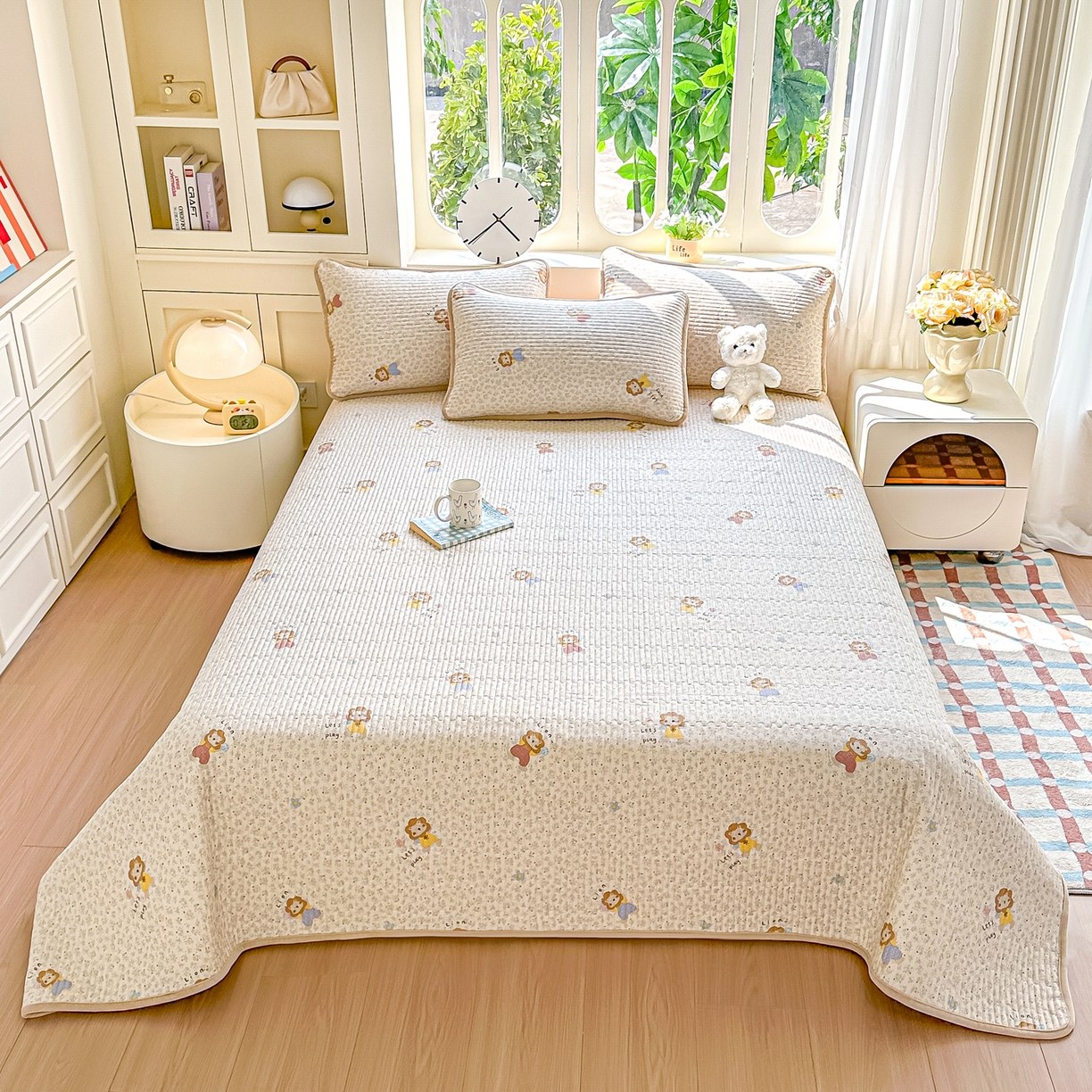 91家纺网 家纺一手货源 找家纺 橘夏家纺 2025新款A全棉B宝宝绒版双面多功能夹棉加厚床盖炕盖三件套学生婴儿床垫盖毯褥子四季通用（含买家秀） 萌萌狮