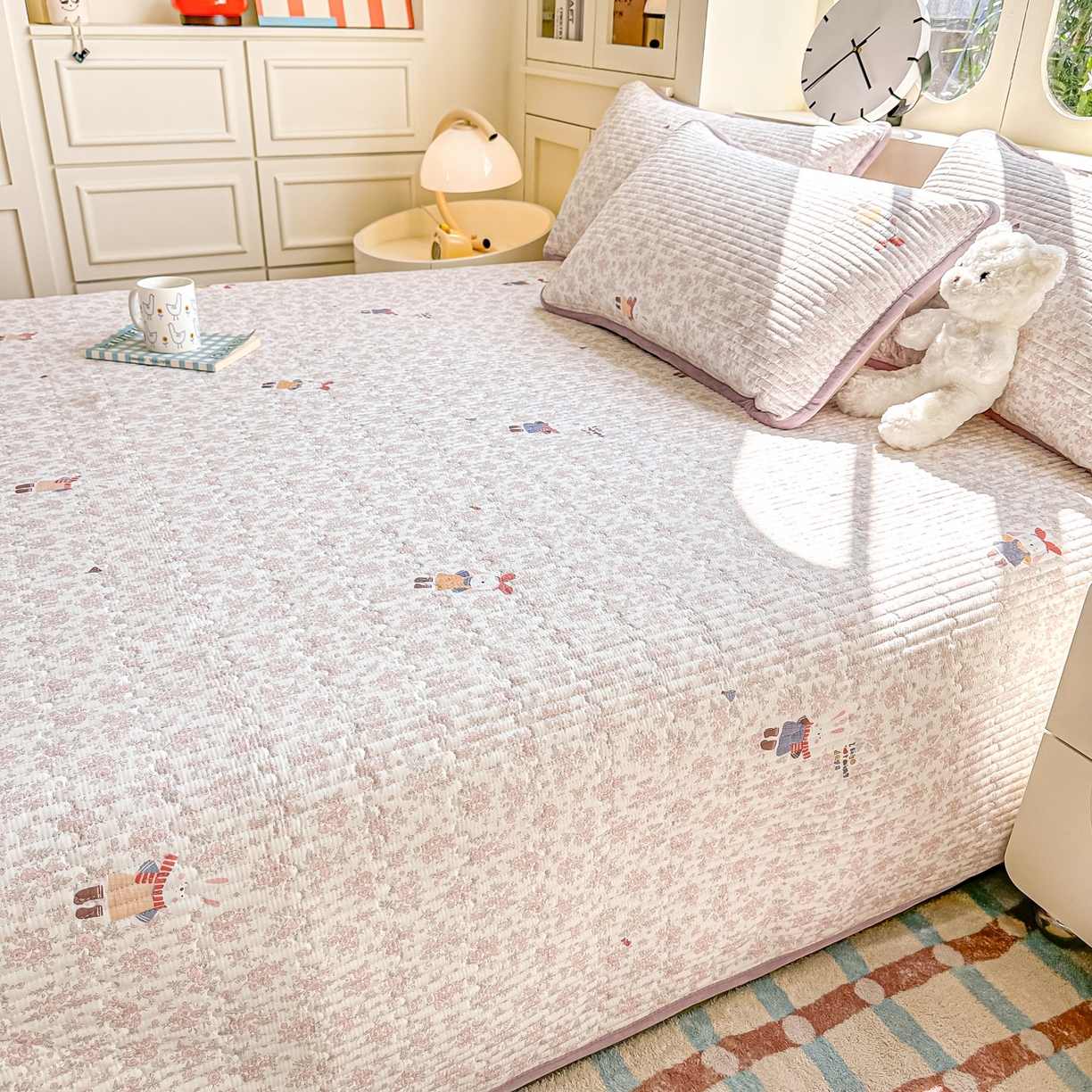 91家纺网 家纺一手货源 找家纺 橘夏家纺 2025新款A全棉B宝宝绒版双面多功能夹棉加厚床盖炕盖三件套学生婴儿床垫盖毯褥子四季通用（含买家秀） 妮可兔