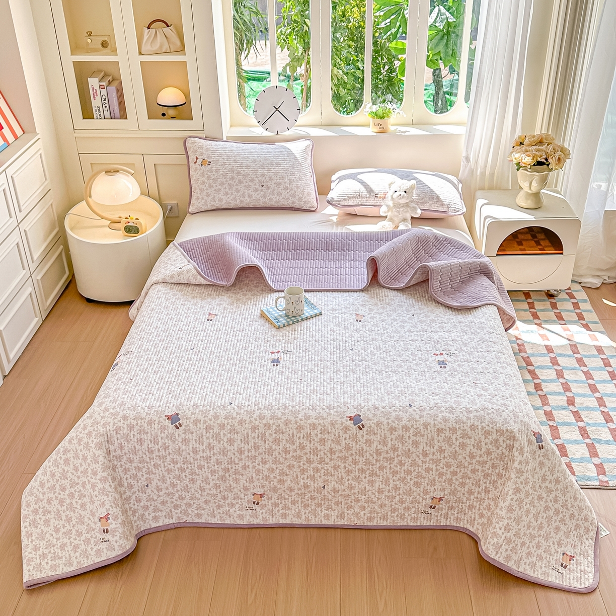 91家纺网 家纺一手货源 找家纺 橘夏家纺 2025新款A全棉B宝宝绒版双面多功能夹棉加厚床盖炕盖三件套学生婴儿床垫盖毯褥子四季通用（含买家秀） 妮可兔