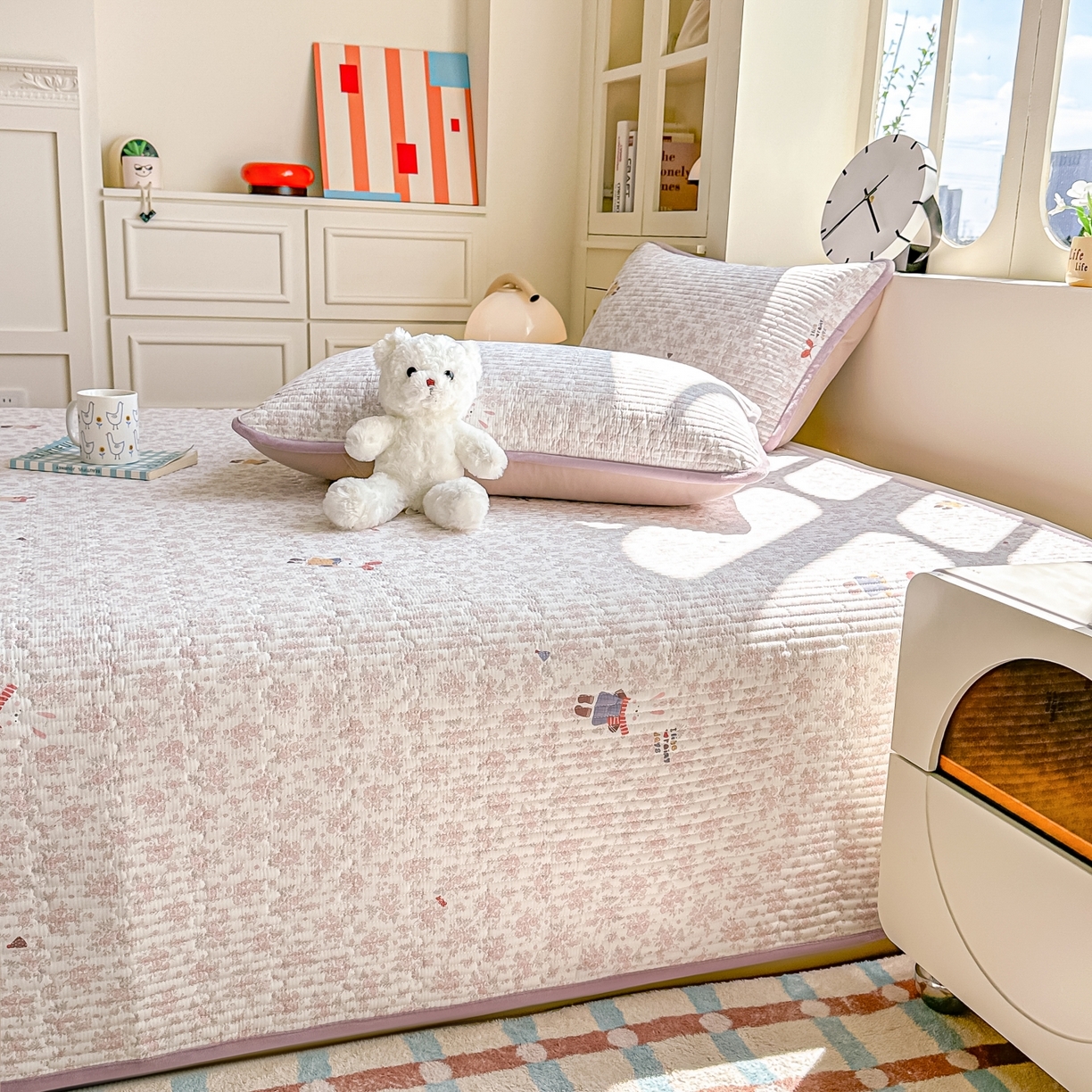 91家纺网 家纺一手货源 找家纺 橘夏家纺 2025新款A全棉B宝宝绒版双面多功能夹棉加厚床盖炕盖三件套学生婴儿床垫盖毯褥子四季通用（含买家秀） 妮可兔