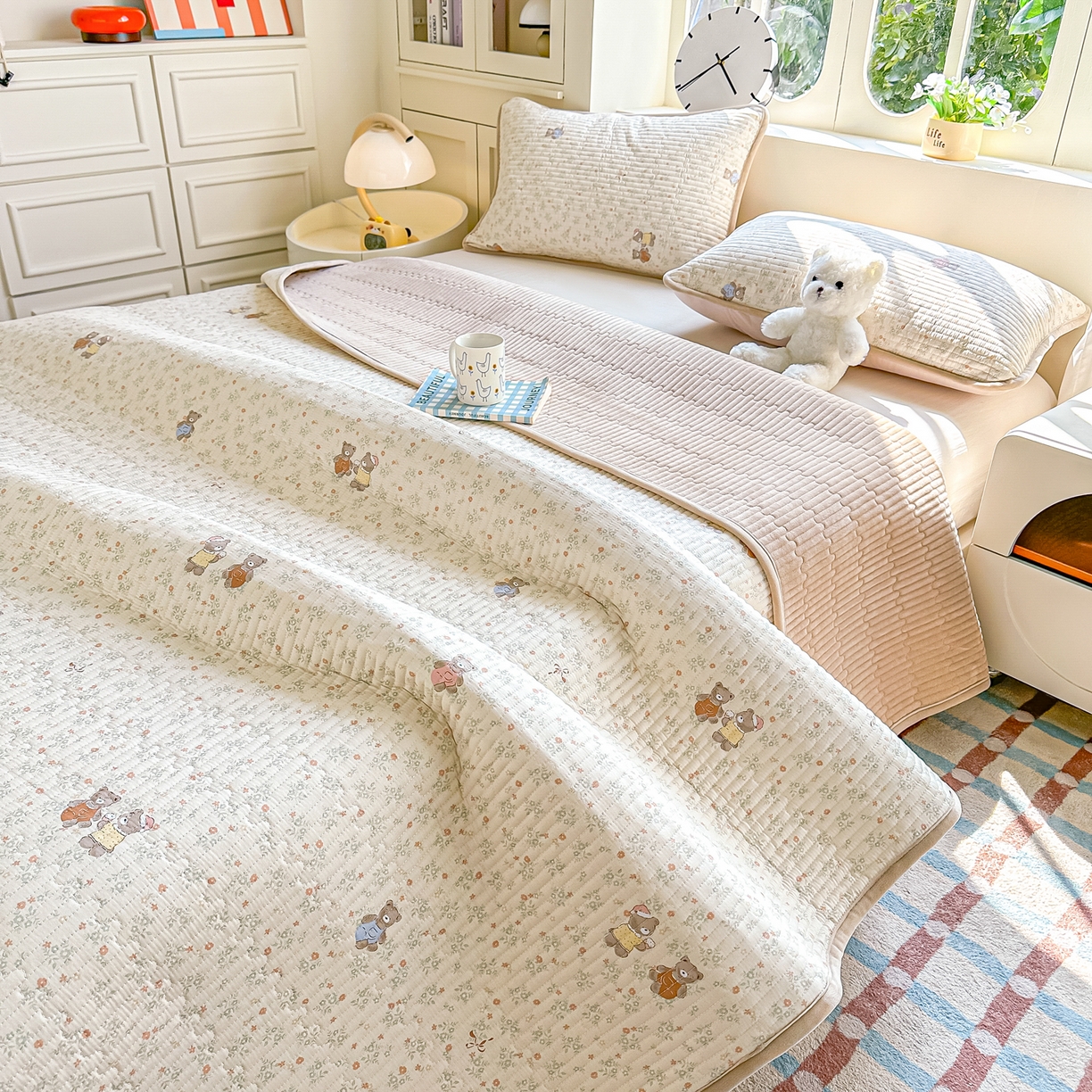 橘夏家纺 2025新款A全棉B宝宝绒版双面多功能夹棉加厚床盖炕盖三件套学生婴儿床垫盖毯褥子四季通用（含买家秀） 清茶小熊