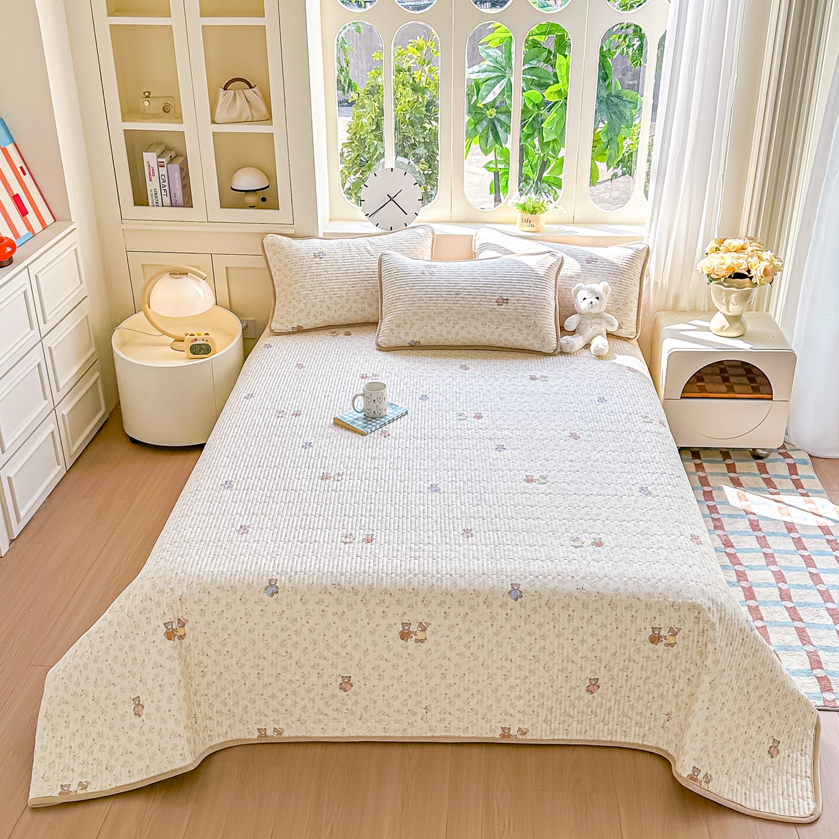 91家纺网 家纺一手货源 找家纺 橘夏家纺 2025新款A全棉B宝宝绒版双面多功能夹棉加厚床盖炕盖三件套学生婴儿床垫盖毯褥子四季通用（含买家秀） 清茶小熊