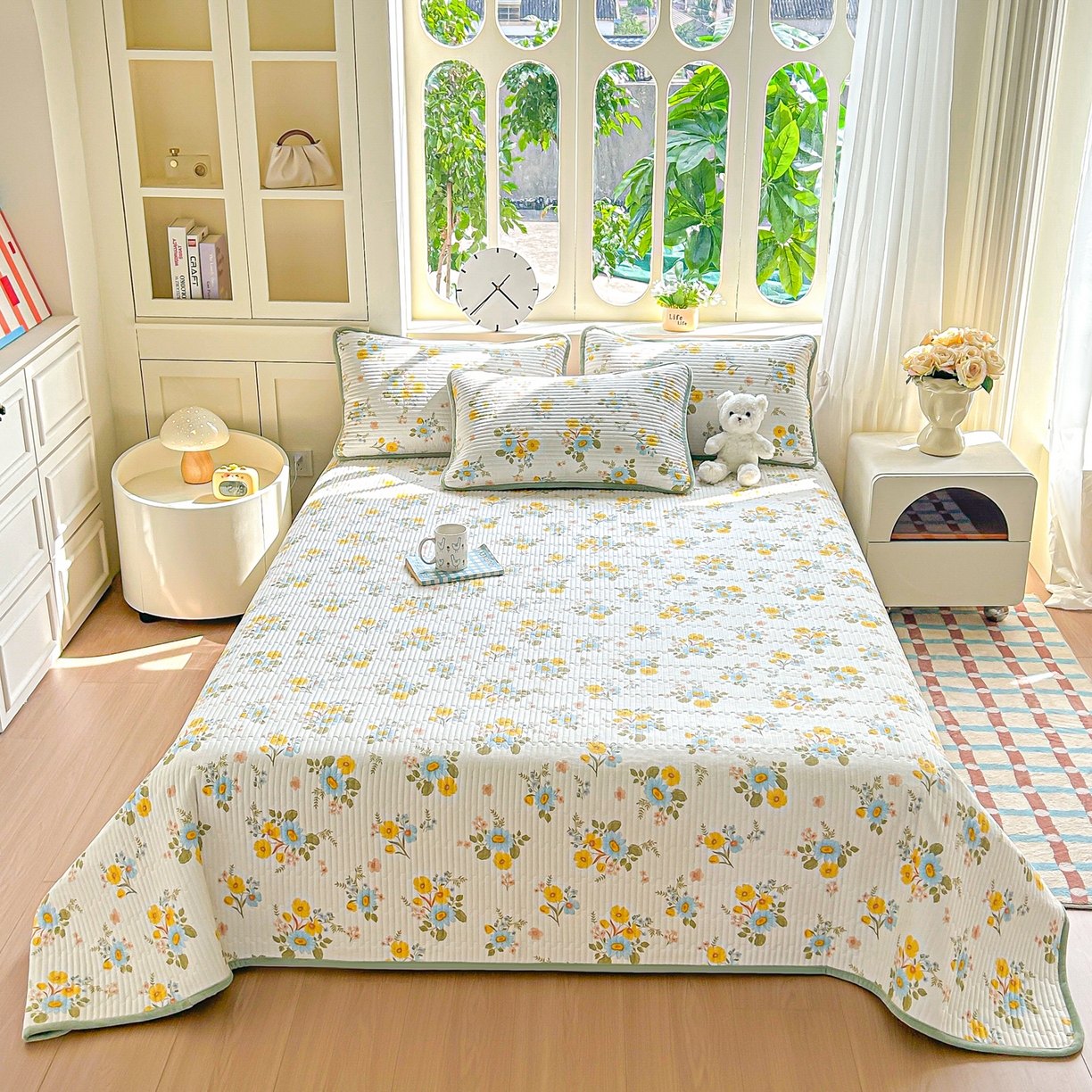 91家纺网 家纺一手货源 找家纺 橘夏家纺 2025新款A全棉B宝宝绒版双面多功能夹棉加厚床盖炕盖三件套学生婴儿床垫盖毯褥子四季通用（含买家秀） 向阳花绿