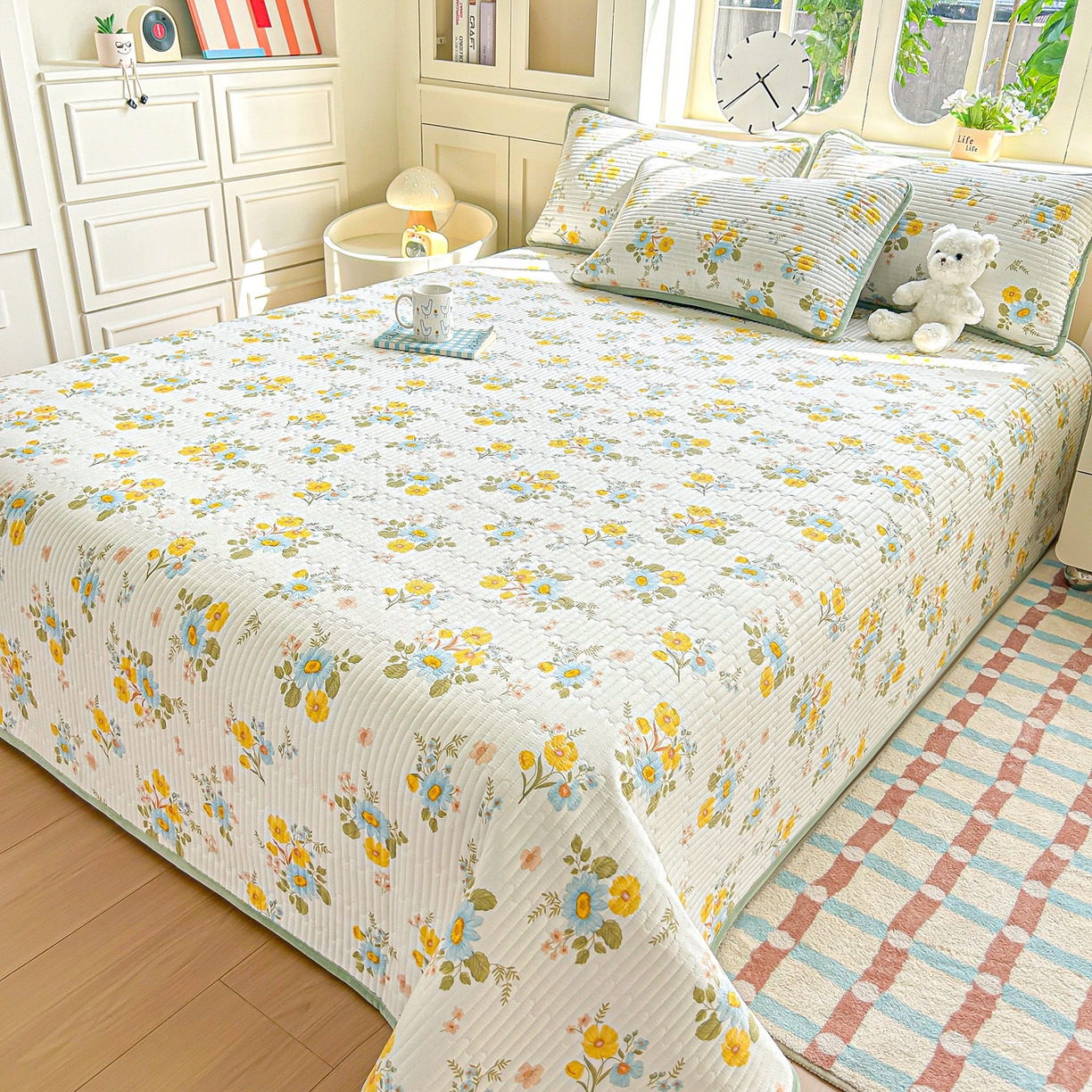 91家纺网 家纺一手货源 找家纺 橘夏家纺 2025新款A全棉B宝宝绒版双面多功能夹棉加厚床盖炕盖三件套学生婴儿床垫盖毯褥子四季通用（含买家秀） 向阳花绿