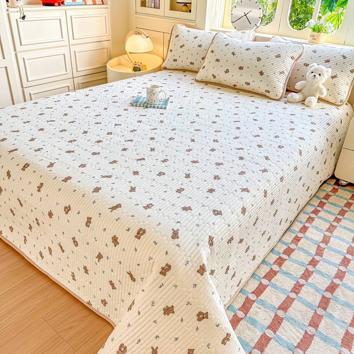 91家纺网 家纺一手货源 找家纺 橘夏家纺 2025新款A全棉B宝宝绒版双面多功能夹棉加厚床盖炕盖三件套学生婴儿床垫盖毯褥子四季通用（含买家秀） 小呆熊