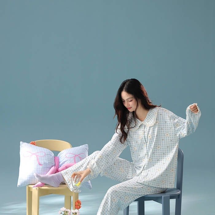 91家纺网 家纺一手货源 找家纺 （总）妍景家居生活馆 2025新款亲肤舒适新疆棉 娃娃领蝴蝶结格子蓝套装