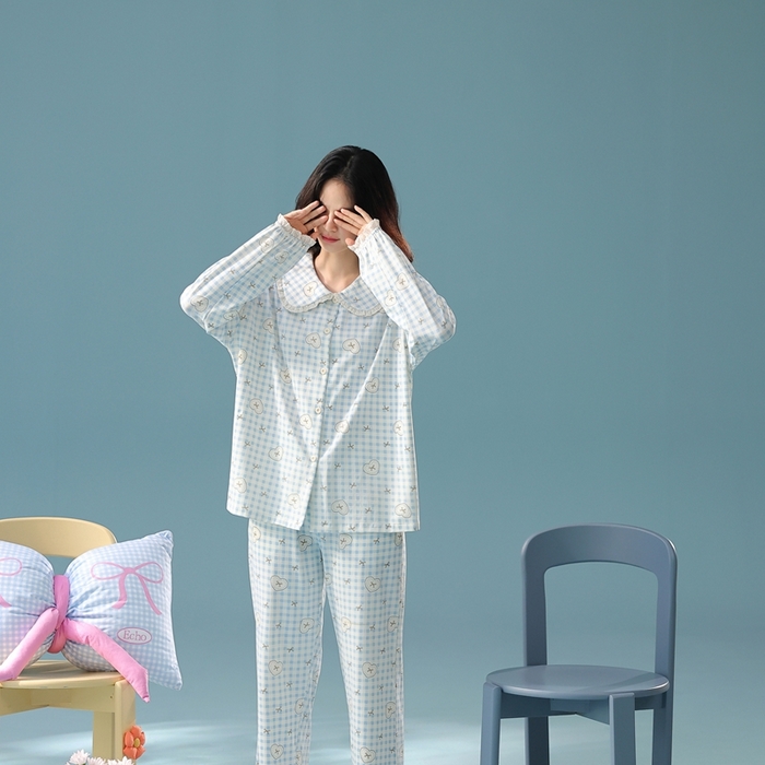 91家纺网 家纺一手货源 找家纺 （总）妍景家居生活馆 2025新款亲肤舒适新疆棉 娃娃领蝴蝶结格子蓝套装