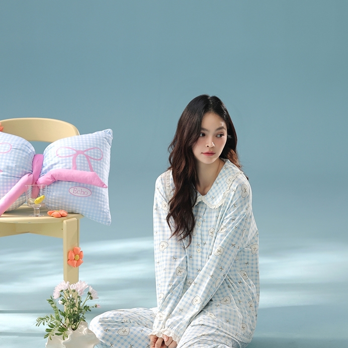 91家纺网 家纺一手货源 找家纺 （总）妍景家居生活馆 2025新款亲肤舒适新疆棉 娃娃领蝴蝶结格子蓝套装