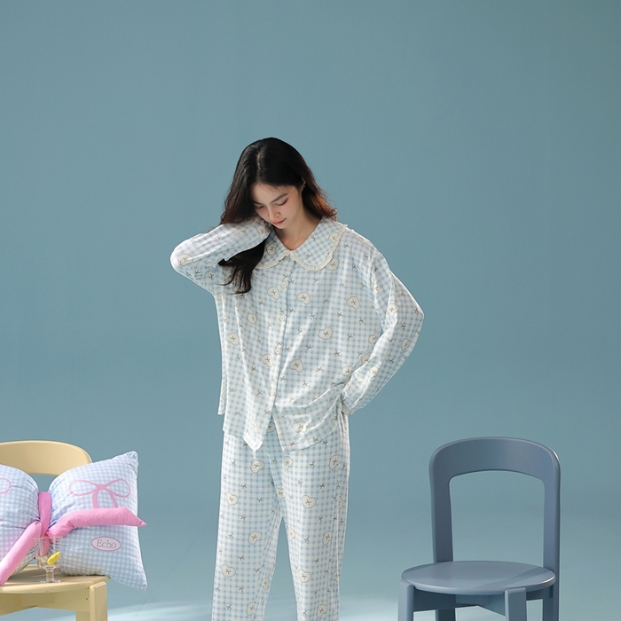 91家纺网 家纺一手货源 找家纺 （总）妍景家居生活馆 2025新款亲肤舒适新疆棉 娃娃领蝴蝶结格子蓝套装