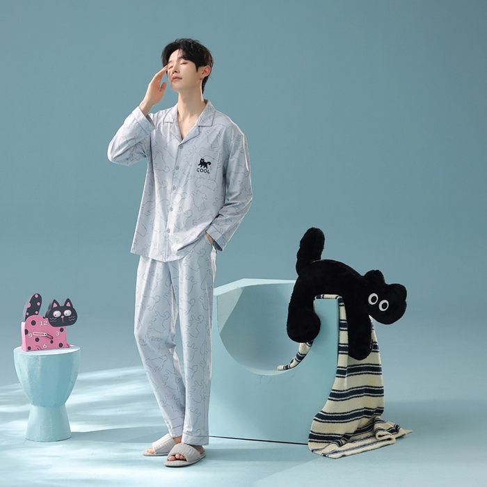 91家纺网 家纺一手货源 找家纺 （总）妍景家居生活馆 2025新款亲肤舒适新疆棉 线条狗狗套装蓝