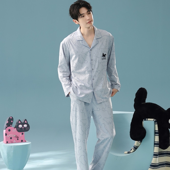 91家纺网 家纺一手货源 找家纺 （总）妍景家居生活馆 2025新款亲肤舒适新疆棉 线条狗狗套装蓝