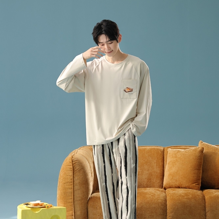 91家纺网 家纺一手货源 找家纺 （总）妍景家居生活馆 2025新款亲肤舒适新疆棉-条纹圆领早餐套装