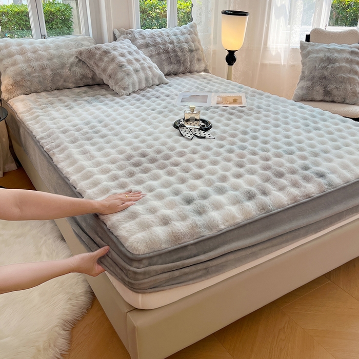 梦舒羽 2025新款兔毛绒水晶绒床垫保护套牛奶绒床垫套单品床笠单件床笠 兔毛绒泡泡-梦幻浅灰