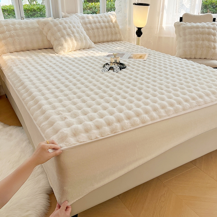 91家纺网 家纺一手货源 找家纺 梦舒羽 2025新款兔毛绒水晶绒床垫保护套牛奶绒床垫套单品床笠单件床笠 兔毛绒泡泡-晨曦白