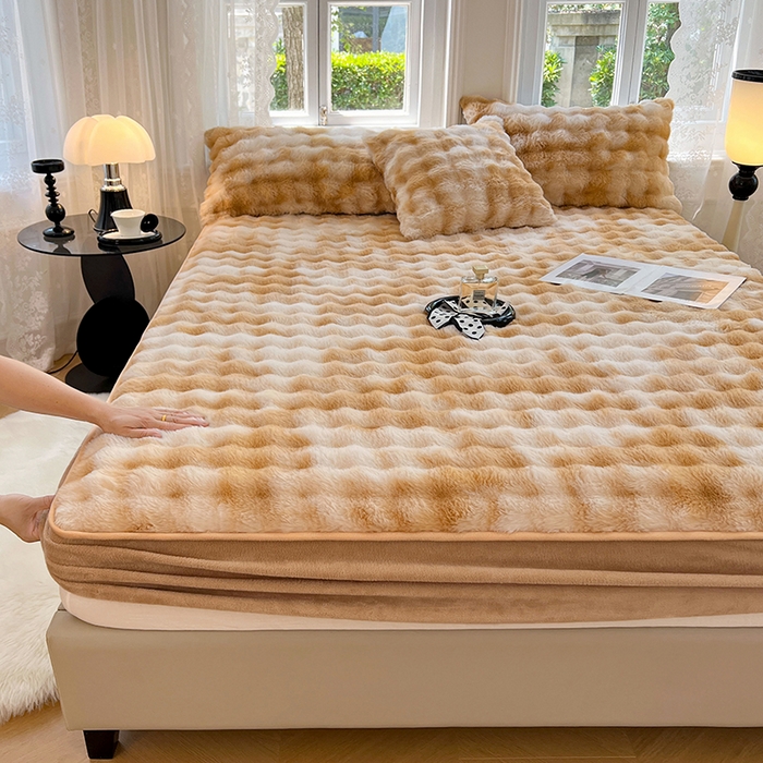 91家纺网 家纺一手货源 找家纺 梦舒羽 2025新款兔毛绒水晶绒床垫保护套牛奶绒床垫套单品床笠单件床笠 兔毛绒泡泡-梦幻奶咖