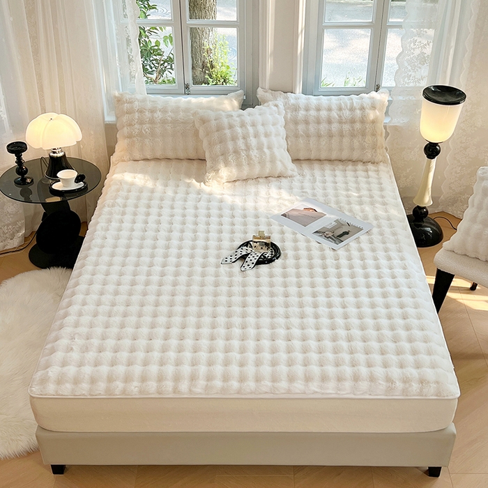 91家纺网 家纺一手货源 找家纺 梦舒羽 2025新款兔毛绒水晶绒床垫保护套牛奶绒床垫套单品床笠单件床笠 兔毛绒泡泡-晨曦白