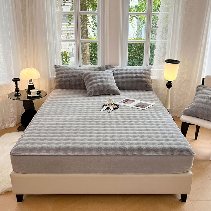 91家纺网 家纺一手货源 找家纺 梦舒羽 2025新款兔毛绒水晶绒床垫保护套牛奶绒床垫套单品床笠单件床笠 兔毛绒泡泡-烟雨灰