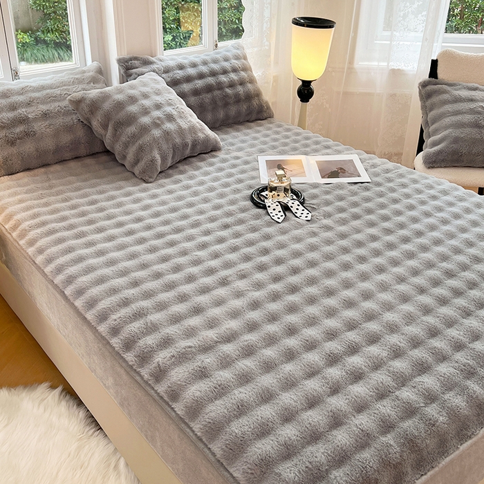 91家纺网 家纺一手货源 找家纺 梦舒羽 2025新款兔毛绒水晶绒床垫保护套牛奶绒床垫套单品床笠单件床笠 兔毛绒泡泡-烟雨灰