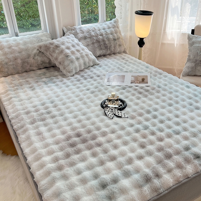 91家纺网 家纺一手货源 找家纺 梦舒羽 2025新款兔毛绒水晶绒床垫保护套牛奶绒床垫套单品床笠单件床笠 兔毛绒泡泡-梦幻浅灰