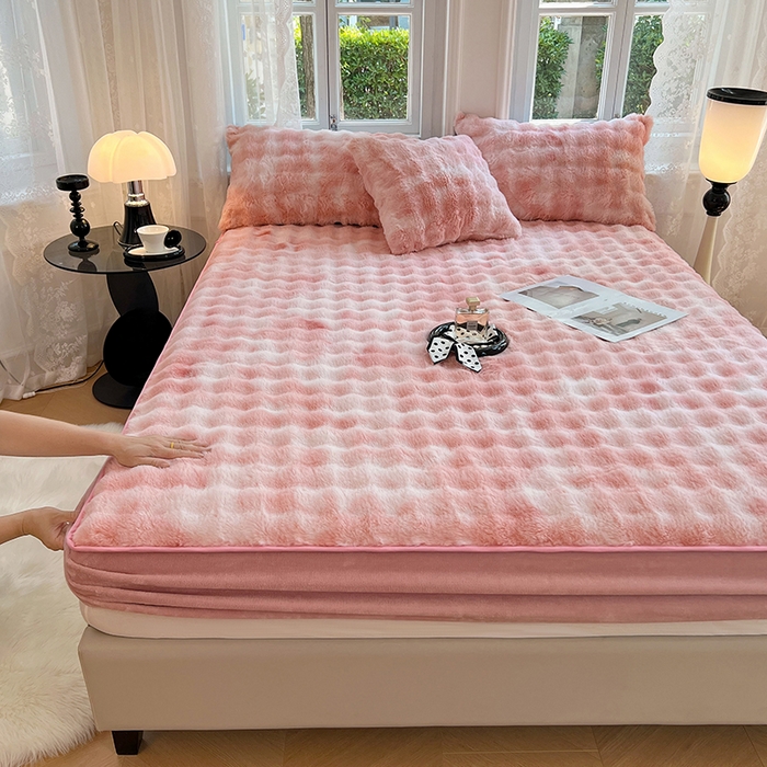 91家纺网 家纺一手货源 找家纺 梦舒羽 2025新款兔毛绒水晶绒床垫保护套牛奶绒床垫套单品床笠单件床笠 兔毛绒泡泡-梦幻樱粉