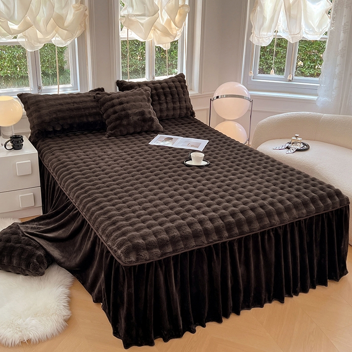 91家纺网 家纺一手货源 找家纺 梦舒羽 2025新款兔毛绒水晶绒床垫保护罩牛奶绒床垫床单罩单件床裙单品床裙 兔毛绒泡泡-咖啡色