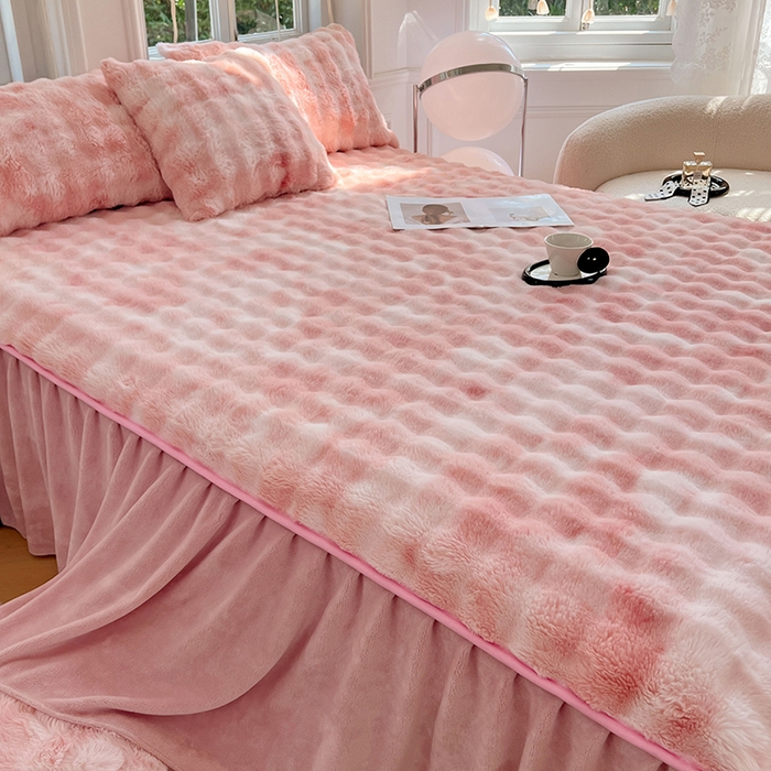 91家纺网 家纺一手货源 找家纺 梦舒羽 2025新款兔毛绒水晶绒床垫保护罩牛奶绒床垫床单罩单件床裙单品床裙 兔毛绒泡泡-梦幻樱粉