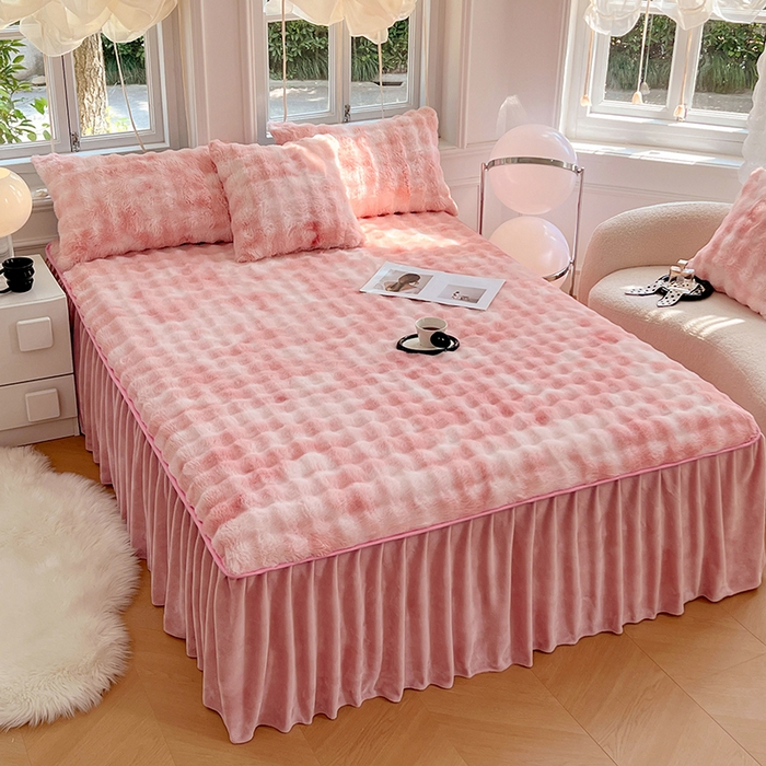 91家纺网 家纺一手货源 找家纺 梦舒羽 2025新款兔毛绒水晶绒床垫保护罩牛奶绒床垫床单罩单件床裙单品床裙 兔毛绒泡泡-梦幻樱粉