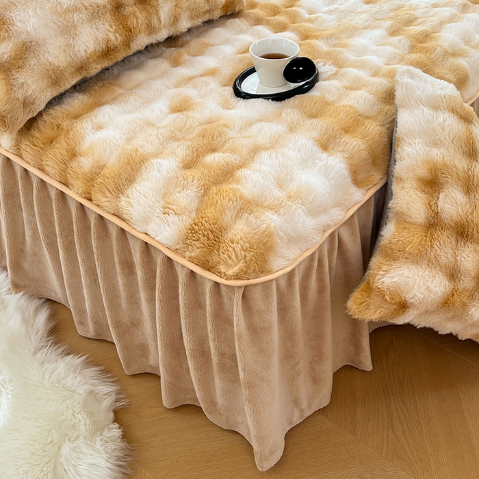 91家纺网 家纺一手货源 找家纺 梦舒羽 2025新款兔毛绒水晶绒床垫保护罩牛奶绒床垫床单罩单件床裙单品床裙 兔毛绒泡泡-梦幻奶咖