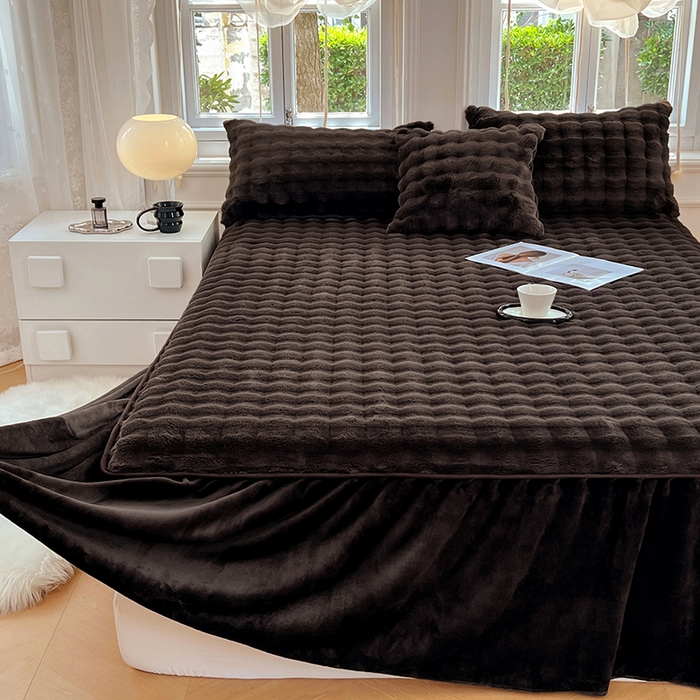 91家纺网 家纺一手货源 找家纺 梦舒羽 2025新款兔毛绒水晶绒床垫保护罩牛奶绒床垫床单罩单件床裙单品床裙 兔毛绒泡泡-咖啡色