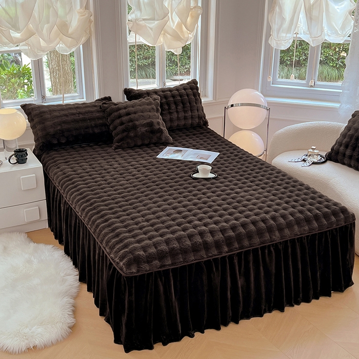 91家纺网 家纺一手货源 找家纺 梦舒羽 2025新款兔毛绒水晶绒床垫保护罩牛奶绒床垫床单罩单件床裙单品床裙 兔毛绒泡泡-咖啡色