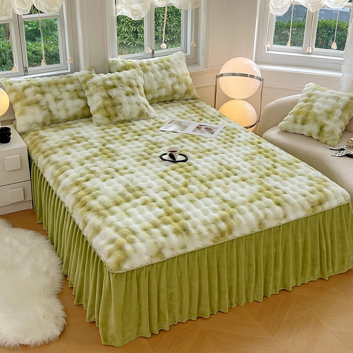 91家纺网 家纺一手货源 找家纺 梦舒羽 2025新款兔毛绒水晶绒床垫保护罩牛奶绒床垫床单罩单件床裙单品床裙 兔毛绒泡泡-梦幻果绿