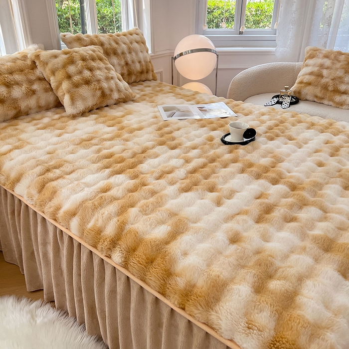 91家纺网 家纺一手货源 找家纺 梦舒羽 2025新款兔毛绒水晶绒床垫保护罩牛奶绒床垫床单罩单件床裙单品床裙 兔毛绒泡泡-梦幻奶咖